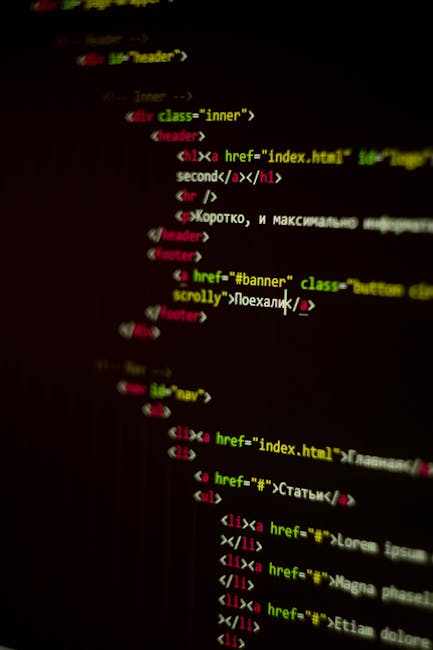 Close-up image of a computer screen displaying HTML code with lines of colourful code snippets including tags such as <li>, <a href>, <class>, and <ul>. The text features various colours like pink, ye